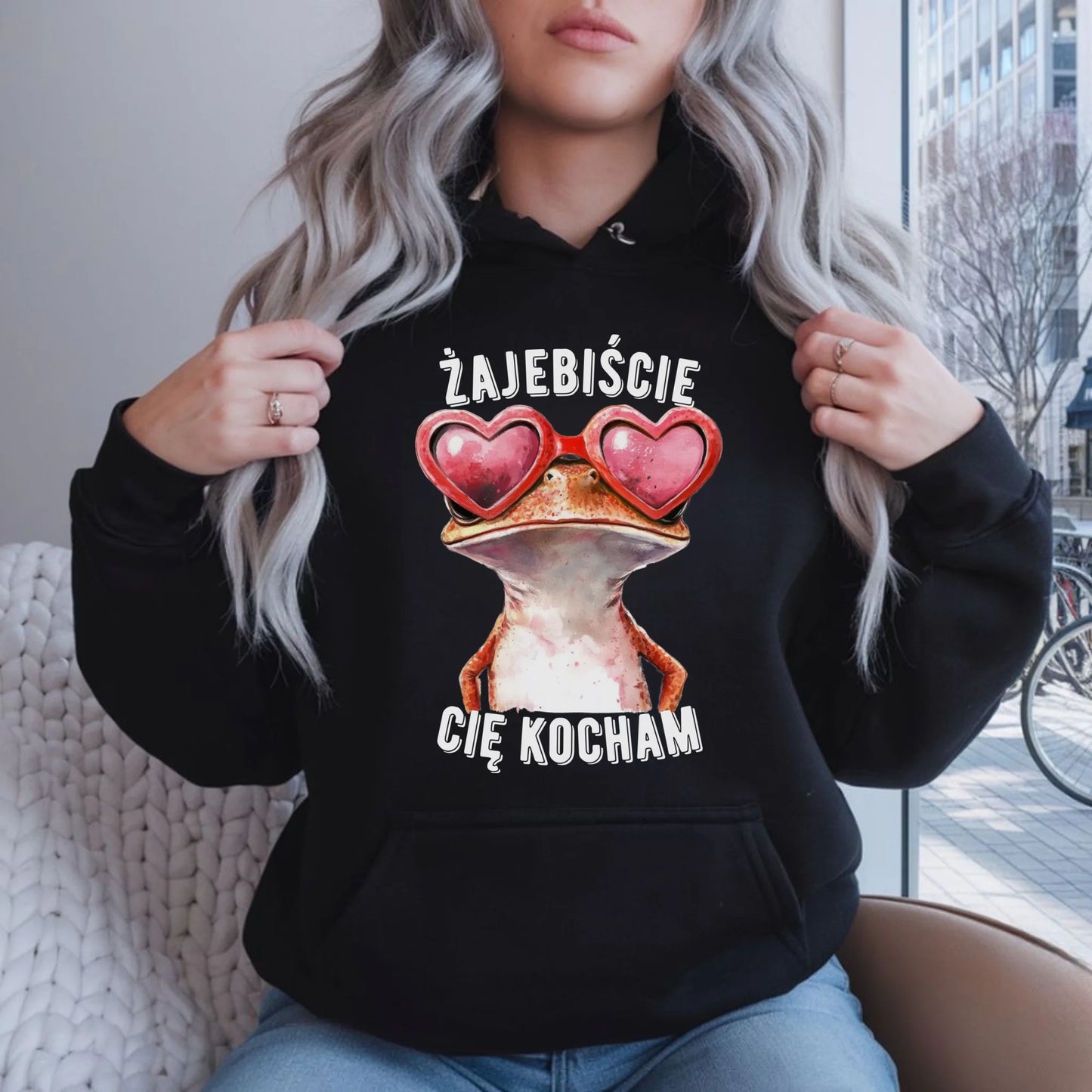 Bluza damska z kapturem dla par - Żajebiście Cię Kocham Żaba W17 - StoryCups.pl