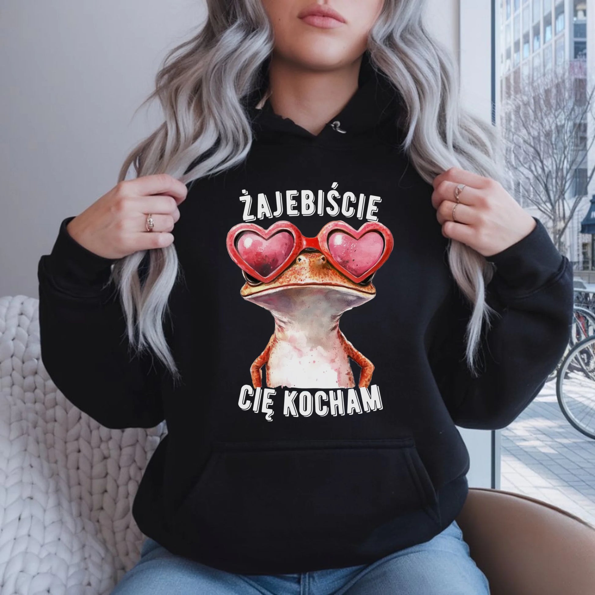 Bluza damska z kapturem dla par - Żajebiście Cię Kocham Żaba W17 - StoryCups.pl