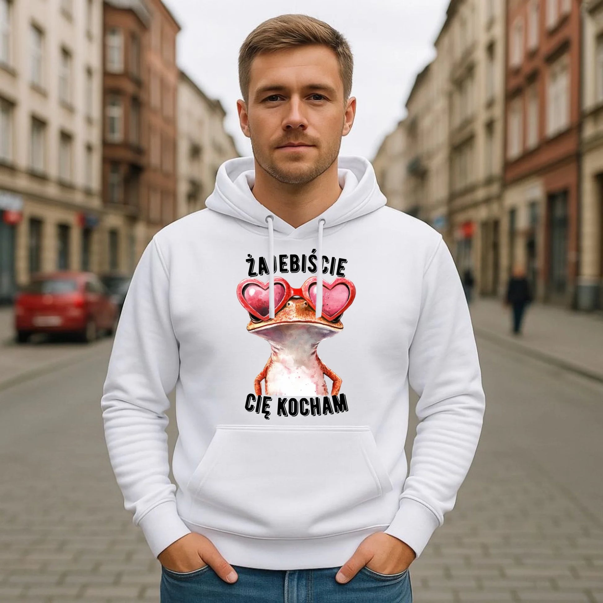 Bluza męska z kapturem dla par - Żajebiście Cię Kocham Żaba W17 - StoryCups.pl