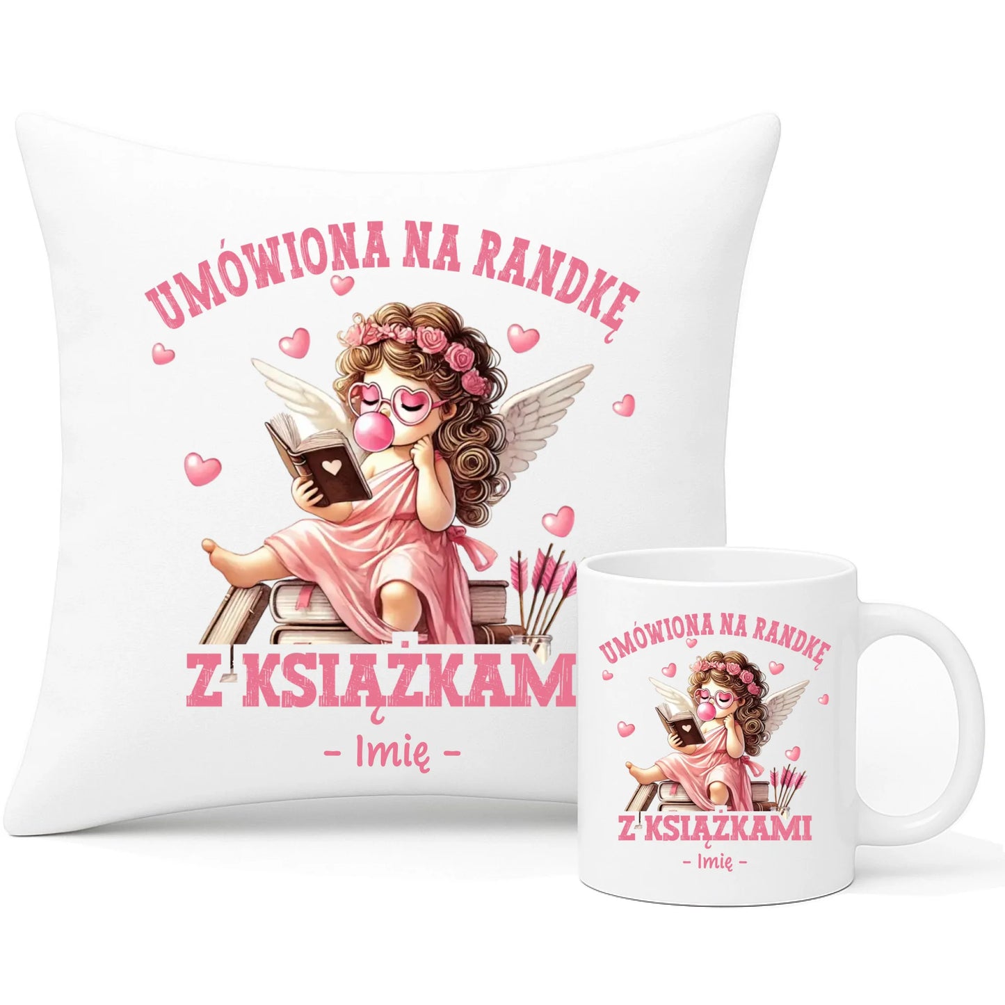 Zestaw poduszka i kubek dla czytelniczki – Umówiona na randkę z książkami - personalizowany W19 - StoryCups.pl