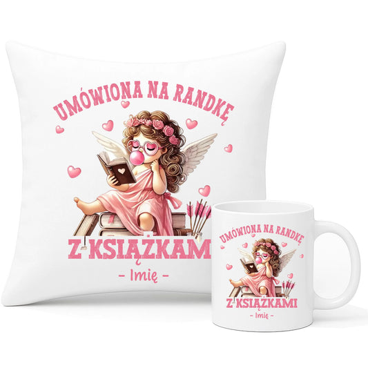 Zestaw poduszka i kubek dla czytelniczki – Umówiona na randkę z książkami - personalizowany W19 - StoryCups.pl