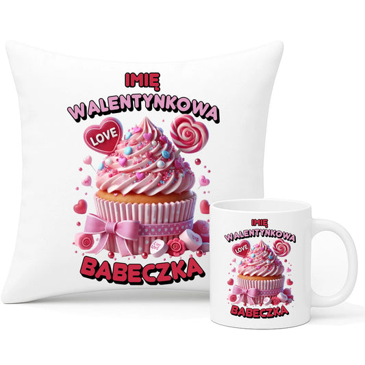 Zestaw poduszka i kubek na Walentynki - Walentynkowa Babeczka - personalizowany W21 - StoryCups.pl