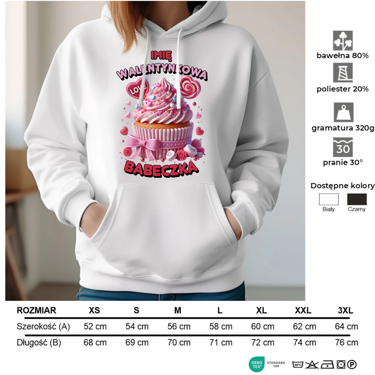 Bluza damska z kapturem na Walentynki - Walentynkowa Babeczka - personalizowana W21 - StoryCups.pl