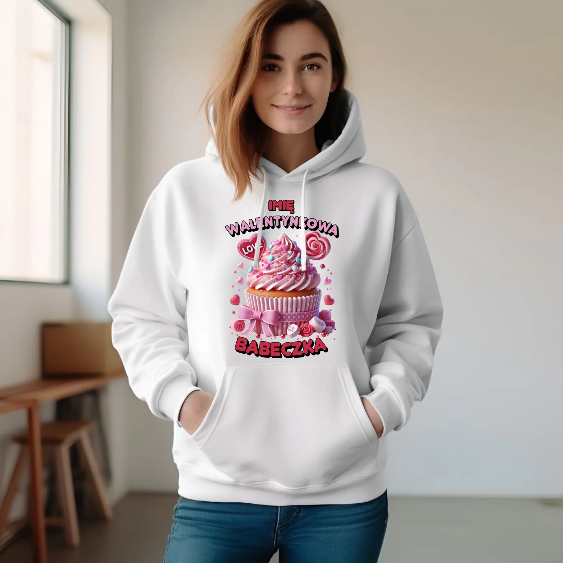 Bluza damska z kapturem na Walentynki - Walentynkowa Babeczka - personalizowana W21 - StoryCups.pl