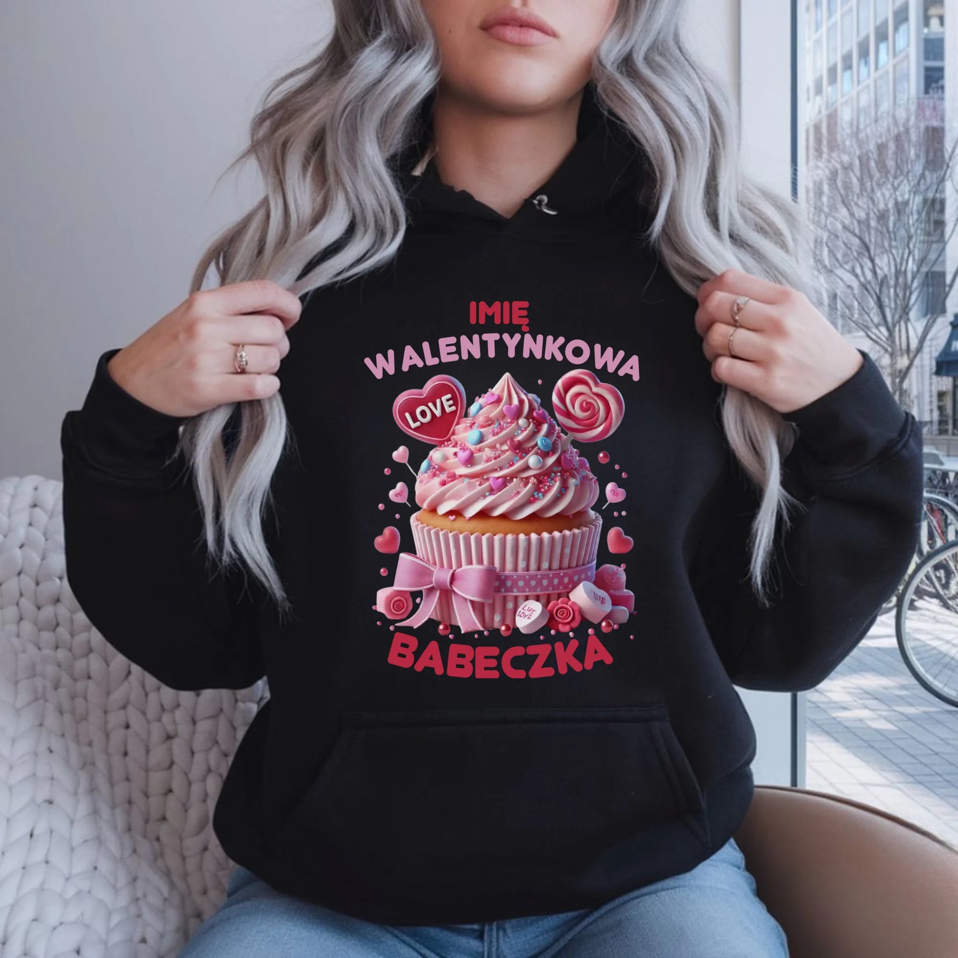 Bluza damska z kapturem na Walentynki - Walentynkowa Babeczka - personalizowana W21 - StoryCups.pl