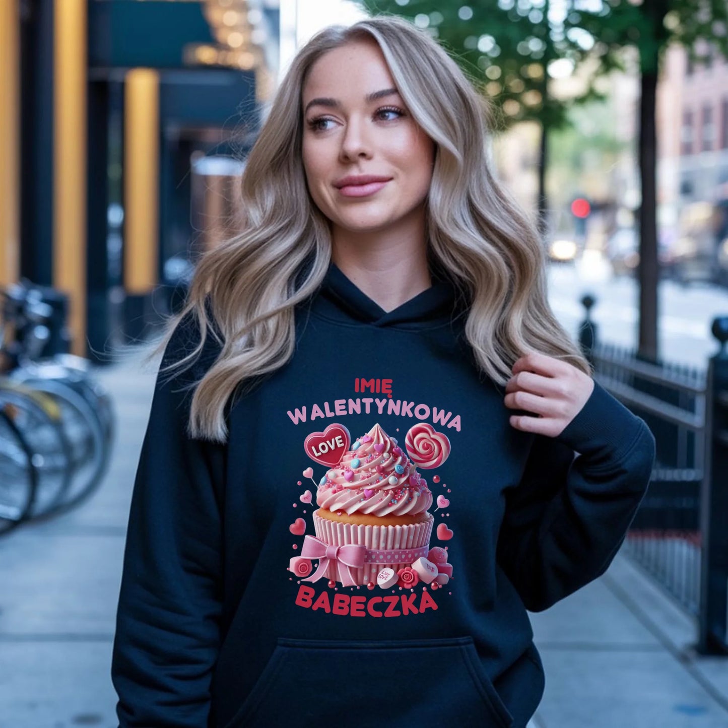 Bluza damska z kapturem na Walentynki - Walentynkowa Babeczka - personalizowana W21 - StoryCups.pl