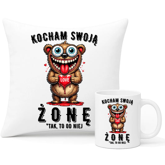 Zestaw poduszka i kubek dla męża - Kocham swoją żonę W23 - StoryCups.pl