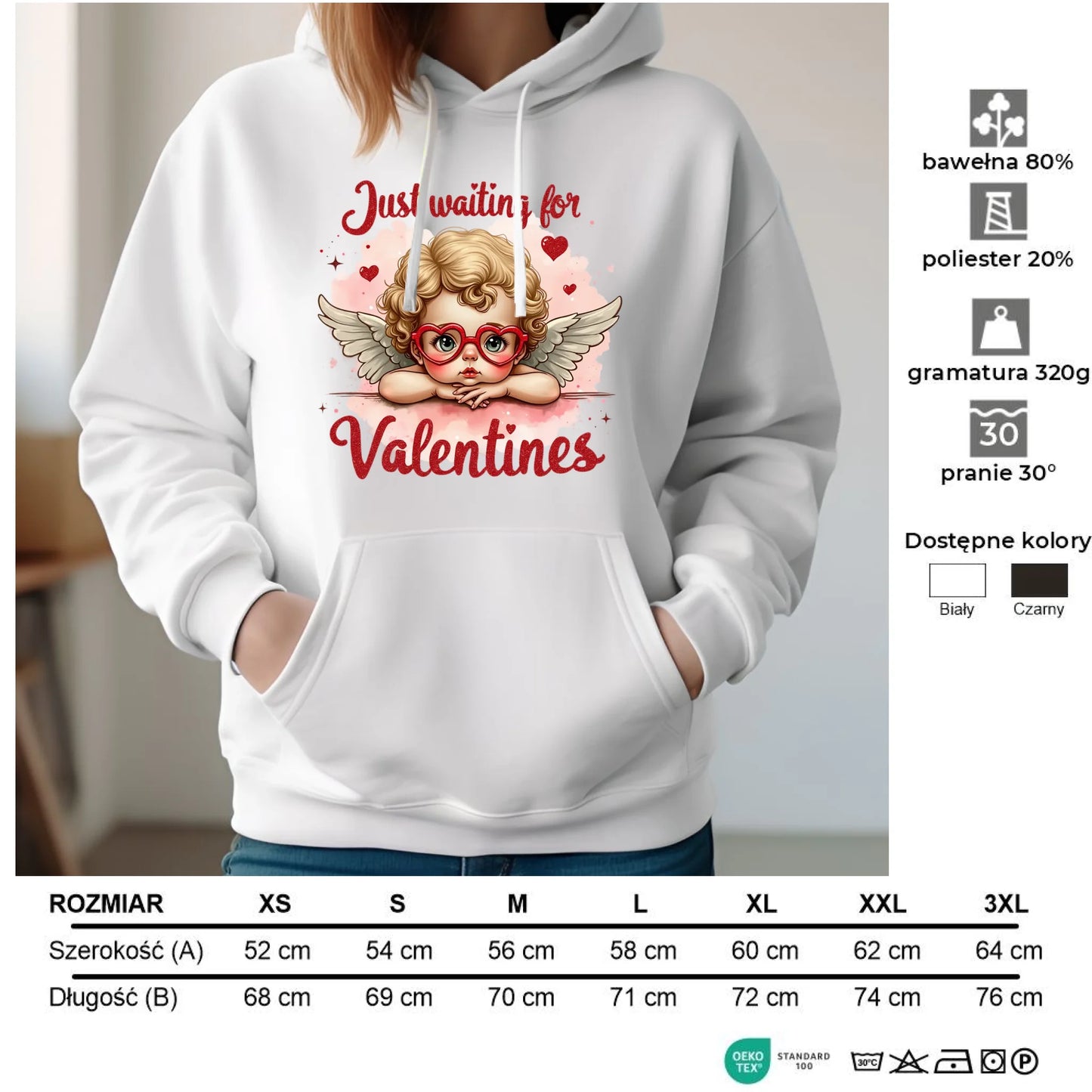 Bluza damska z kapturem na Walentynki - Just waiting for Valentines W24 - StoryCups.pl