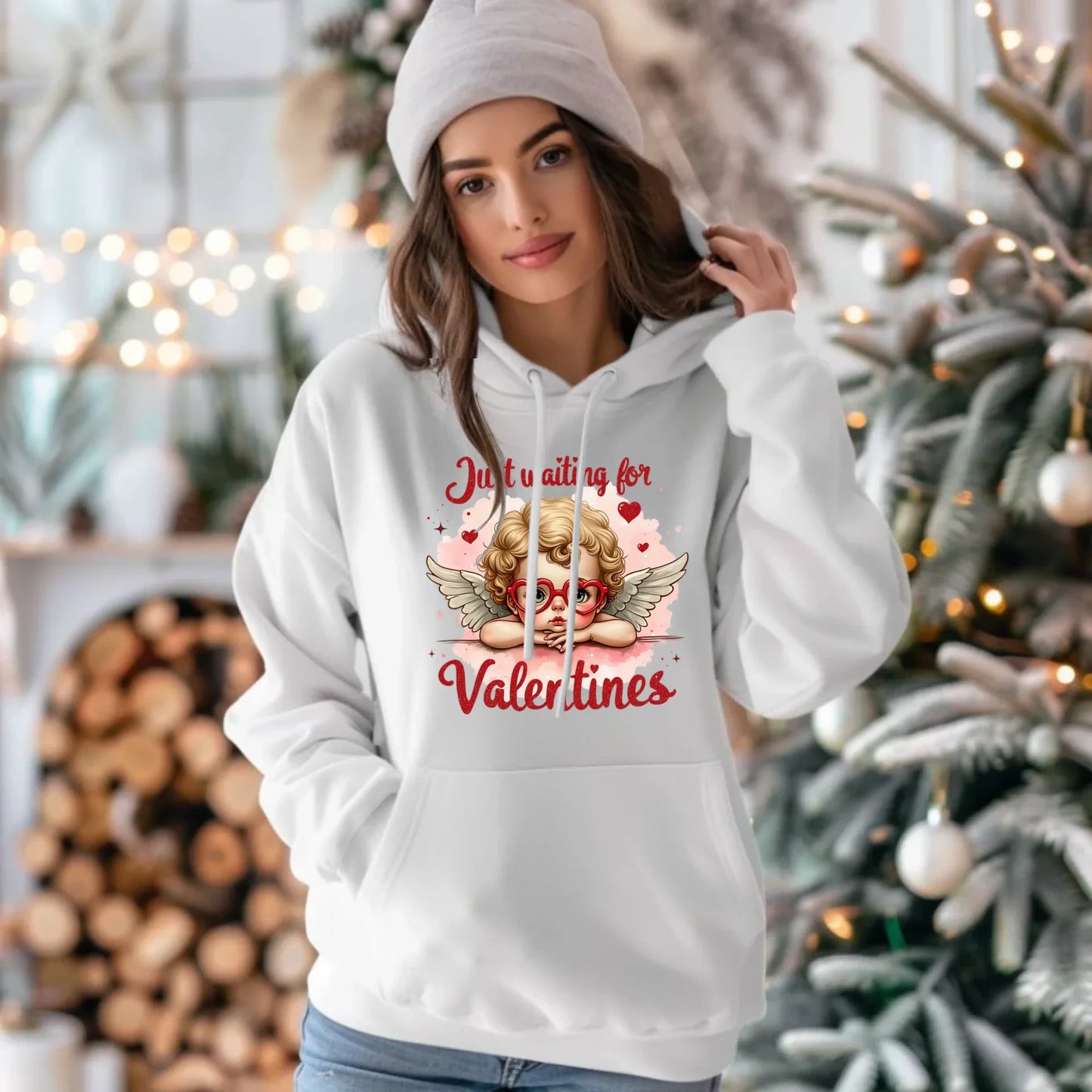 Bluza damska z kapturem na Walentynki - Just waiting for Valentines W24 - StoryCups.pl