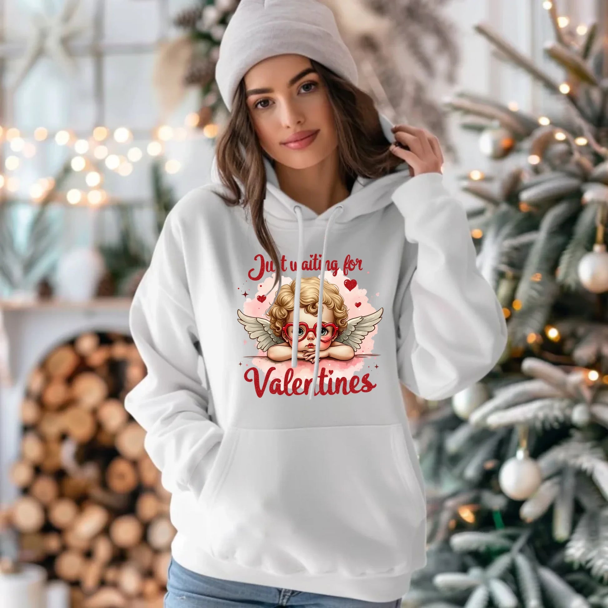 Bluza damska z kapturem na Walentynki - Just waiting for Valentines W24 - StoryCups.pl