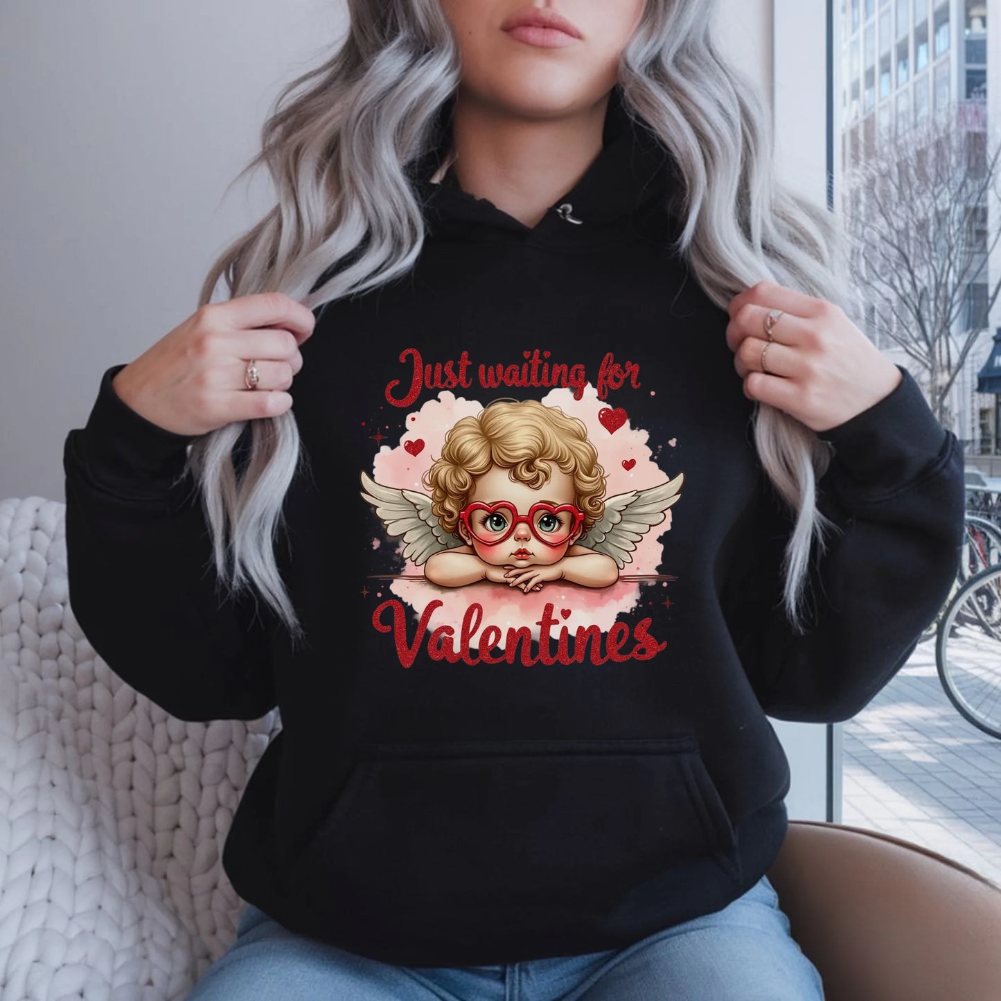 Bluza damska z kapturem na Walentynki - Just waiting for Valentines W24 - StoryCups.pl