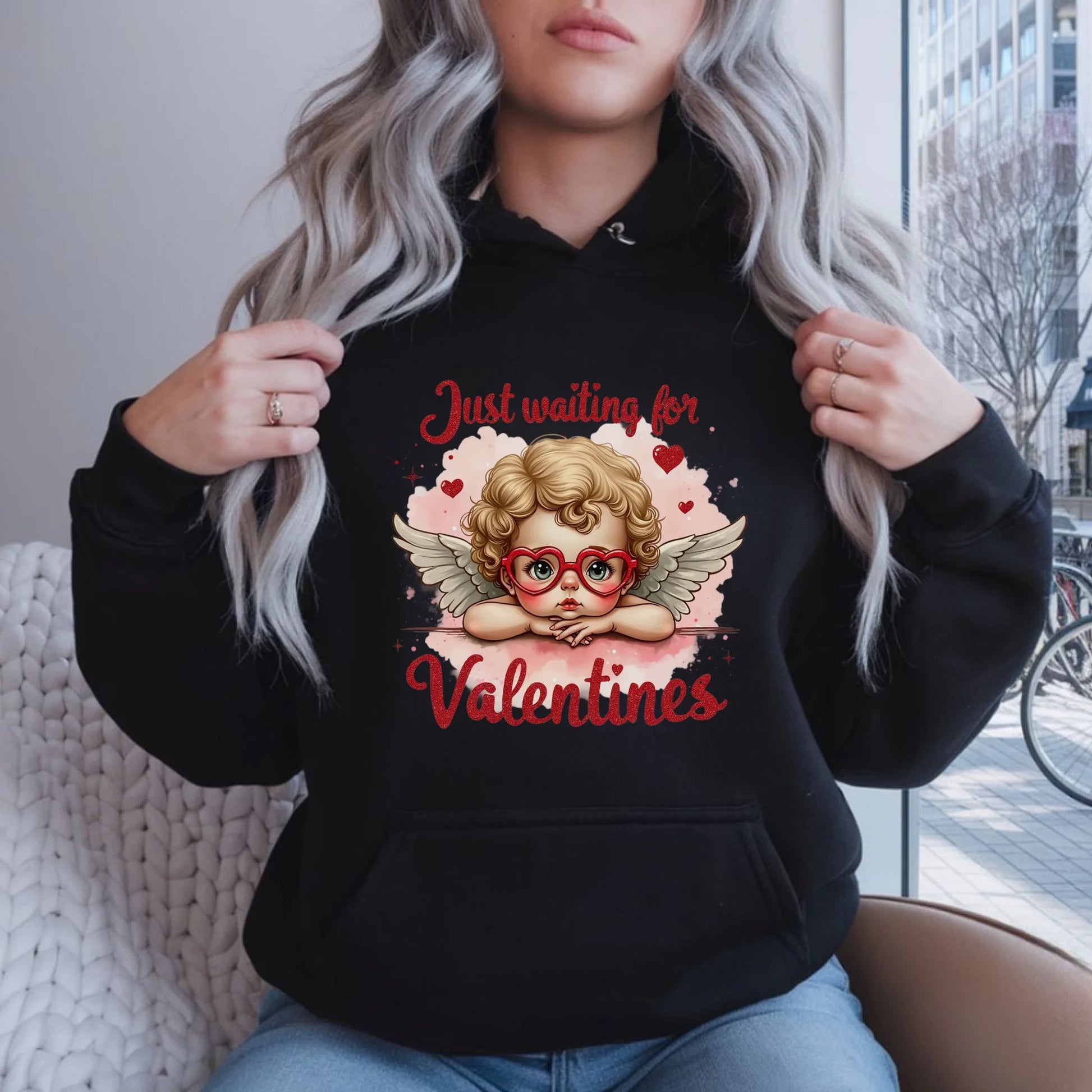 Bluza damska z kapturem na Walentynki - Just waiting for Valentines W24 - StoryCups.pl