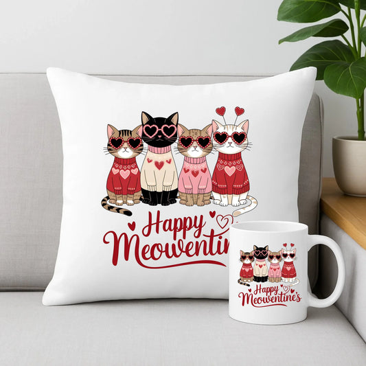 Zestaw poduszka i kubek na Walentynki dla kociary - Happy Meowentine's W25 - StoryCups.pl