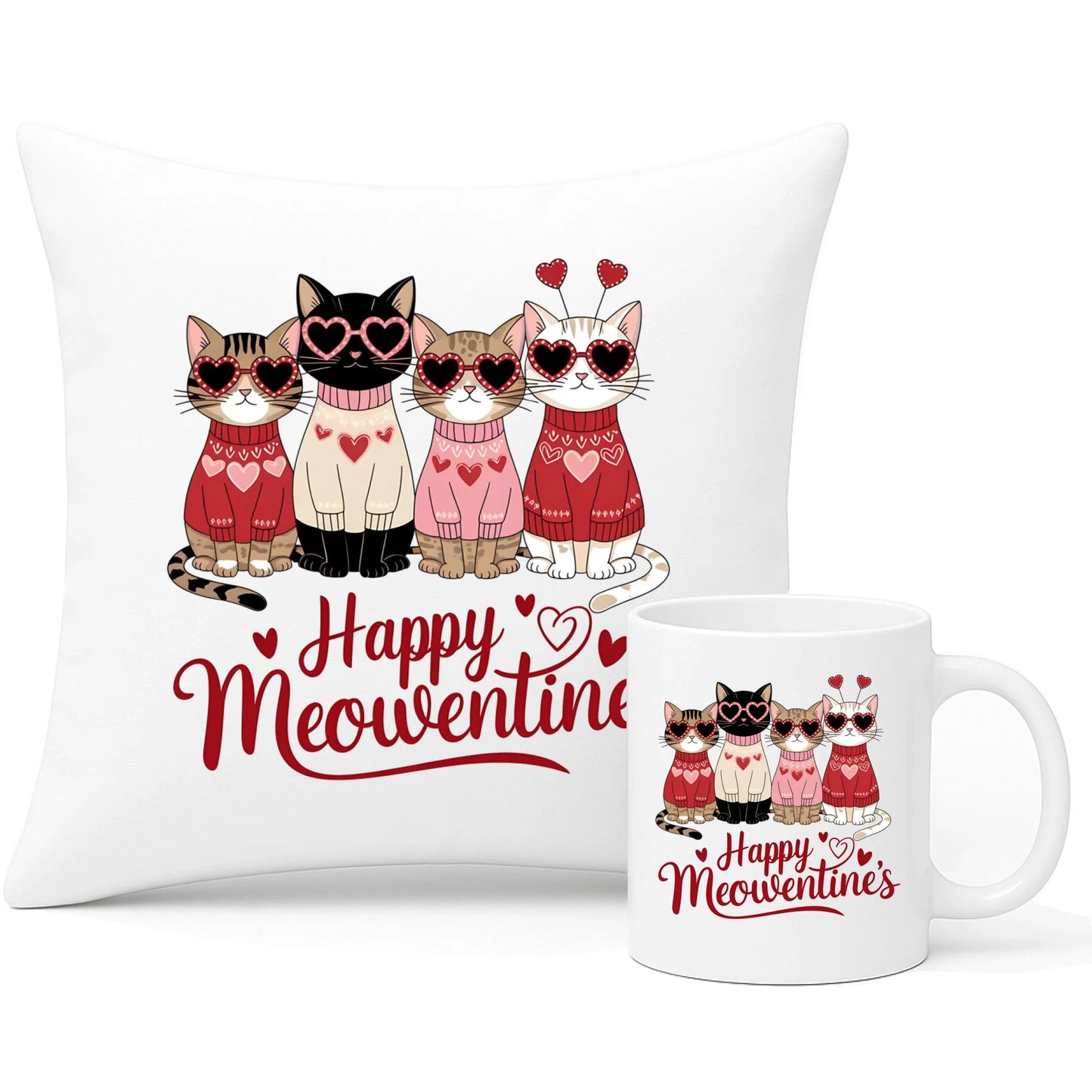 Zestaw poduszka i kubek na Walentynki dla kociary - Happy Meowentine's W25 - StoryCups.pl