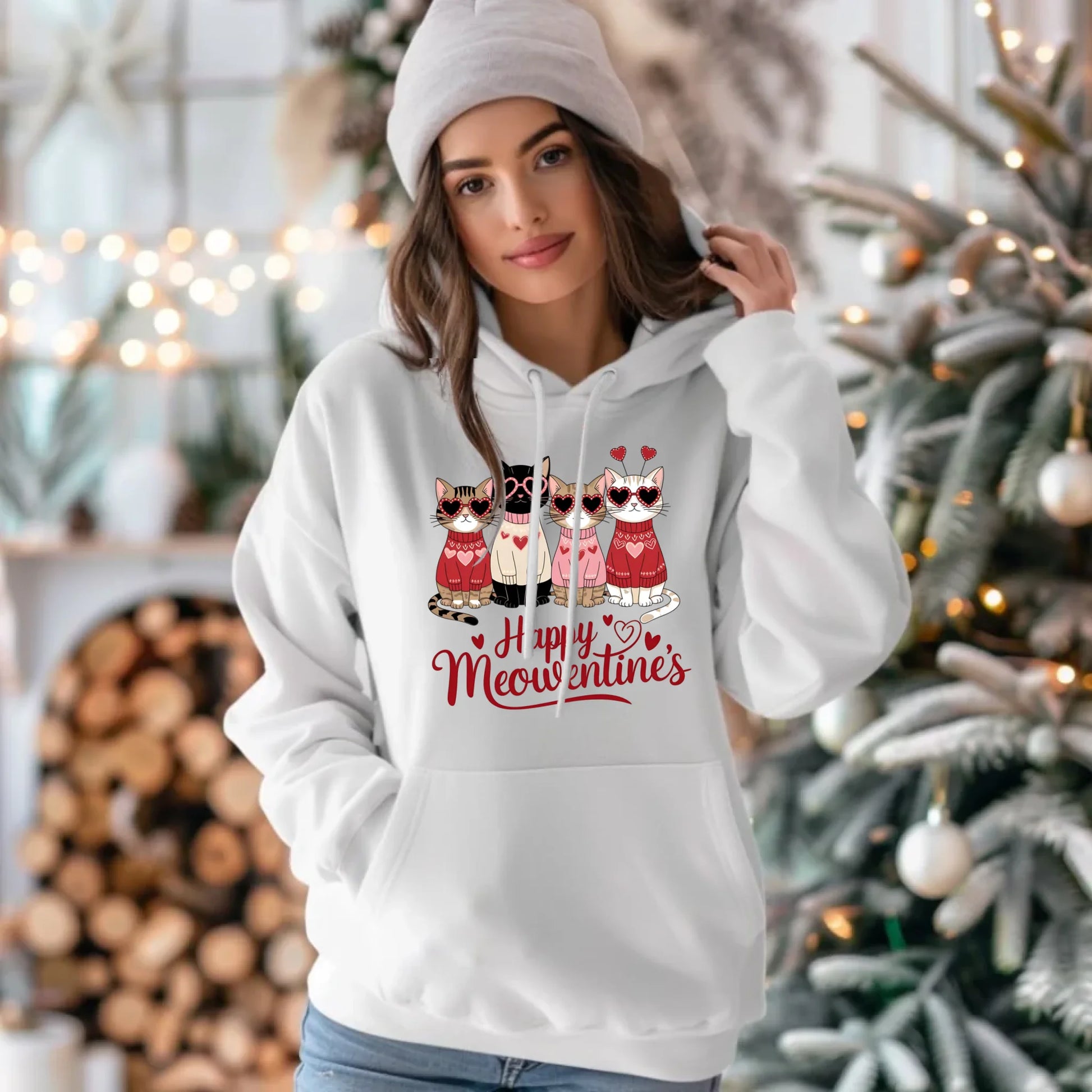 Bluza damska z kapturem na Walentynki dla kociary - Happy Meowentine's W25 - StoryCups.pl