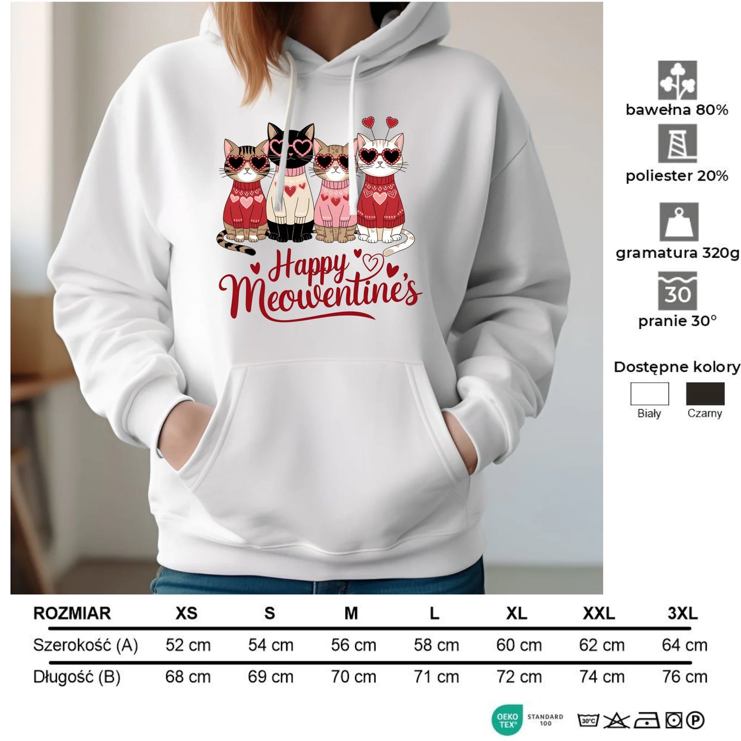 Bluza damska z kapturem na Walentynki dla kociary - Happy Meowentine's W25 - StoryCups.pl