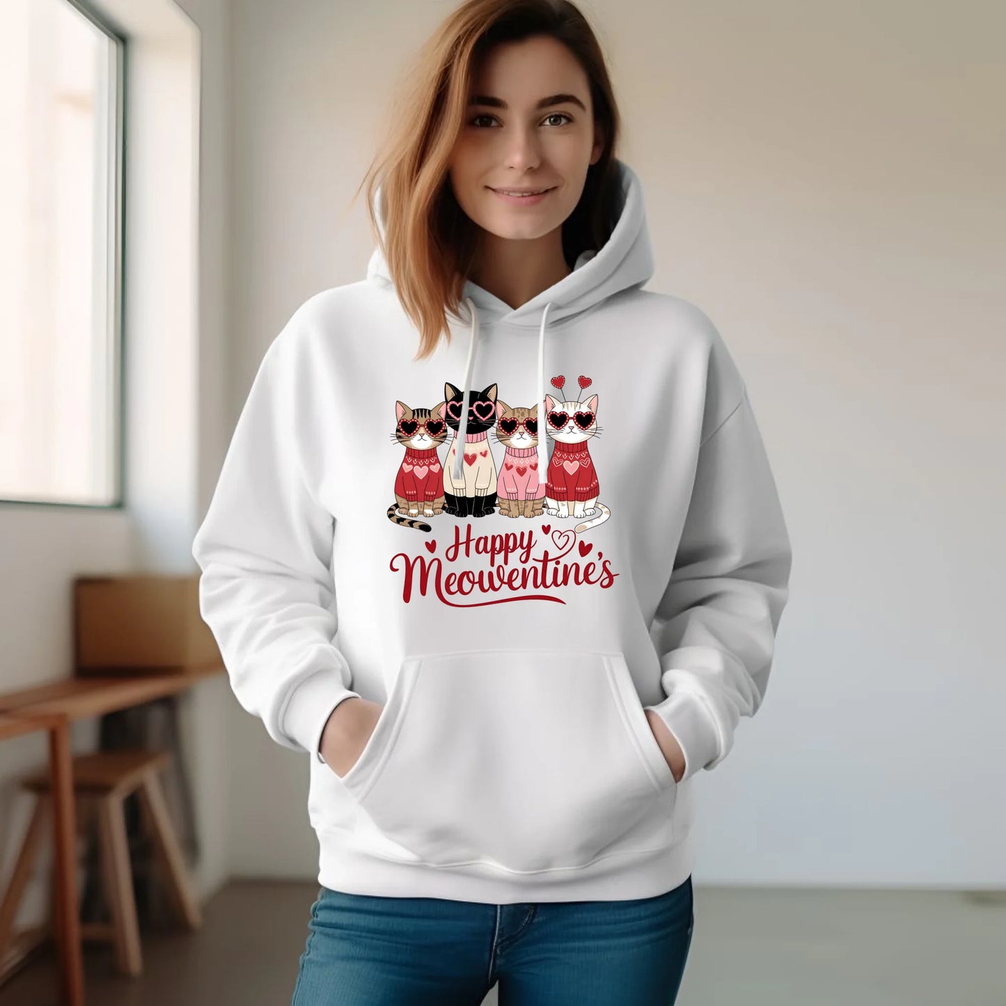 Bluza damska z kapturem na Walentynki dla kociary - Happy Meowentine's W25 - StoryCups.pl