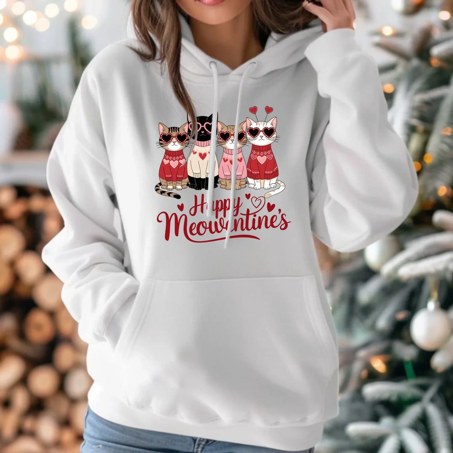Bluza damska z kapturem na Walentynki dla kociary - Happy Meowentine's W25 - StoryCups.pl