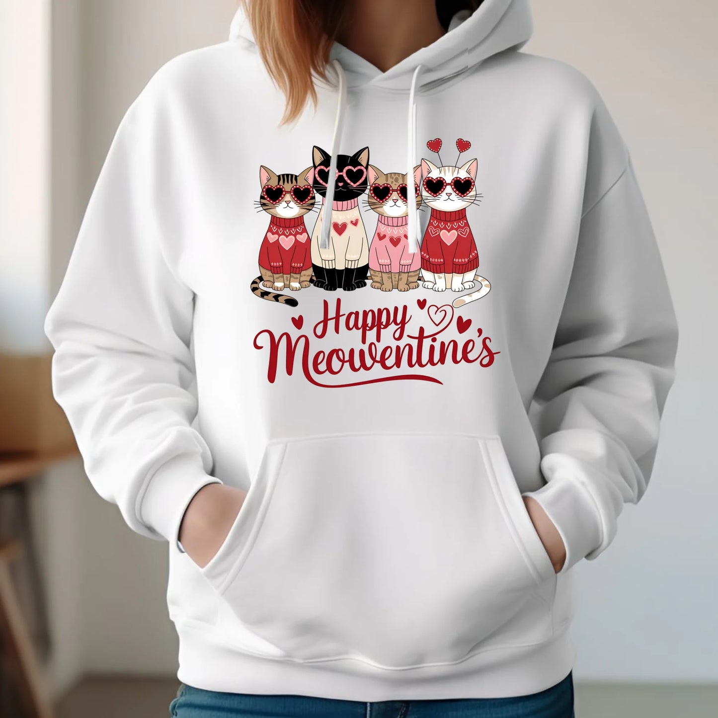 Bluza damska z kapturem na Walentynki dla kociary - Happy Meowentine's W25 - StoryCups.pl
