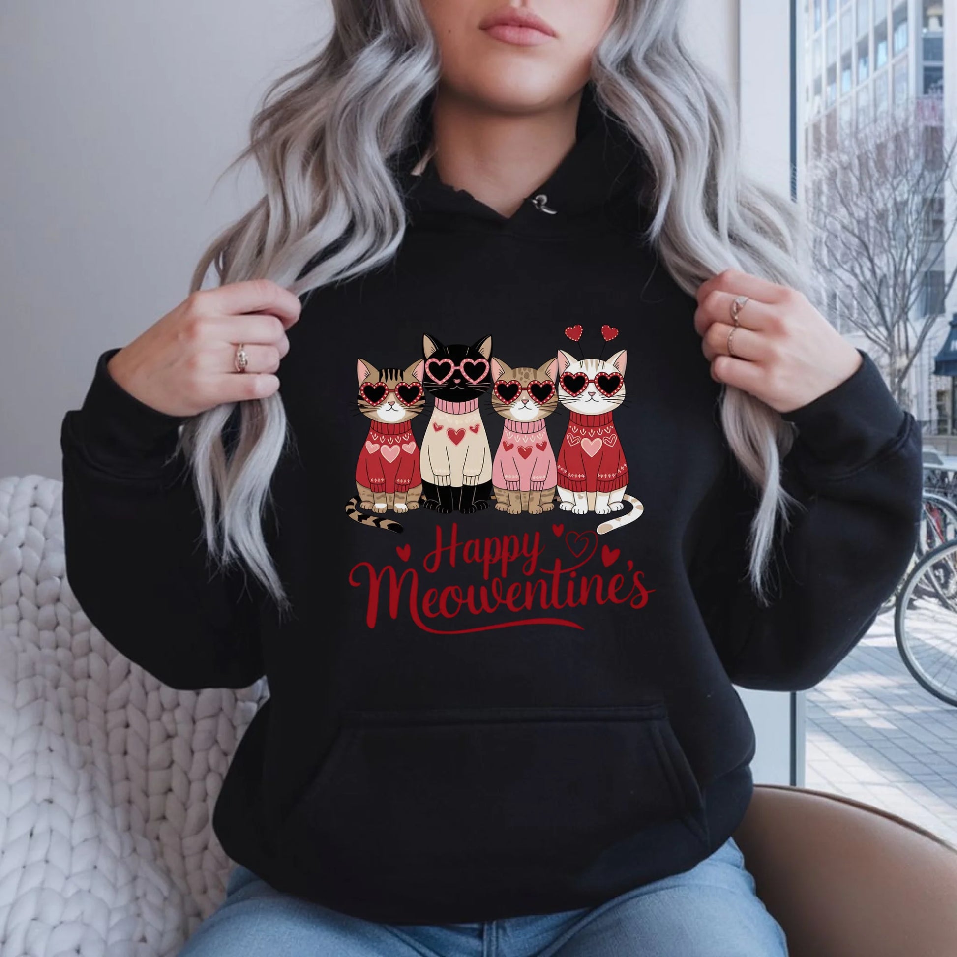 Bluza damska z kapturem na Walentynki dla kociary - Happy Meowentine's W25 - StoryCups.pl