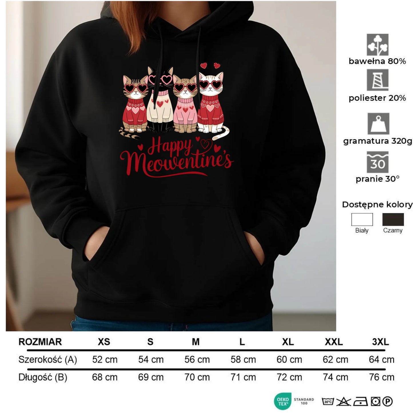 Bluza damska z kapturem na Walentynki dla kociary - Happy Meowentine's W25 - StoryCups.pl