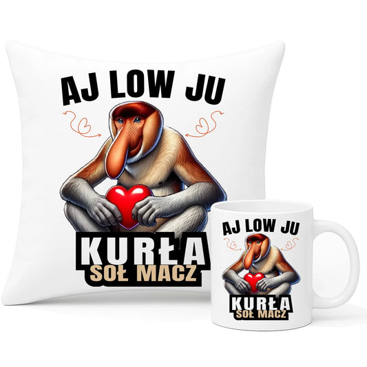 Zestaw poduszka i kubek dla par - Janusz nosacz - Aj low ju kurła W26 - StoryCups.pl