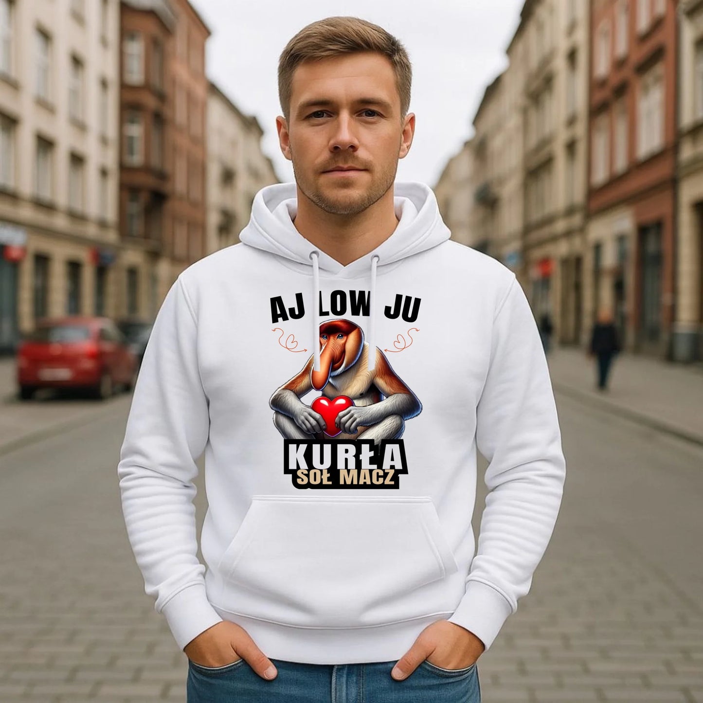 Bluza męska z kapturem dla par - Janusz nosacz - Aj low ju kurła W26 - StoryCups.pl