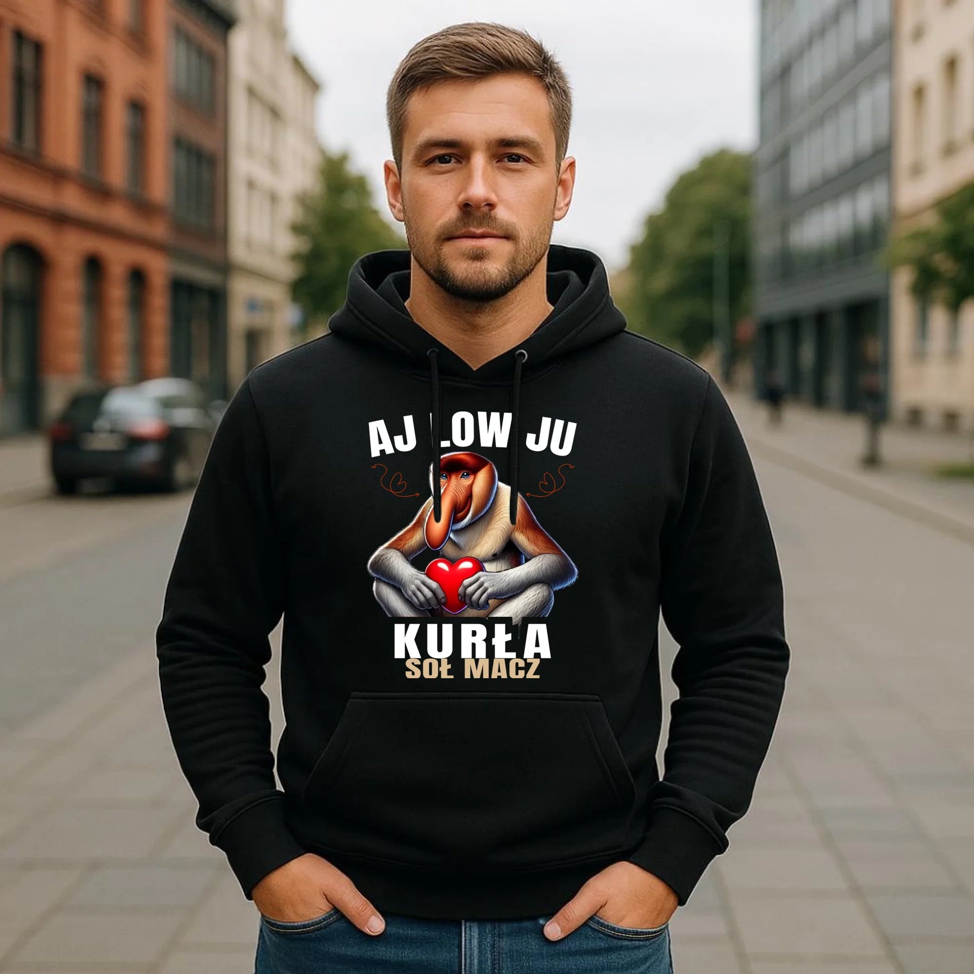 Bluza męska z kapturem dla par - Janusz nosacz - Aj low ju kurła W26 - StoryCups.pl