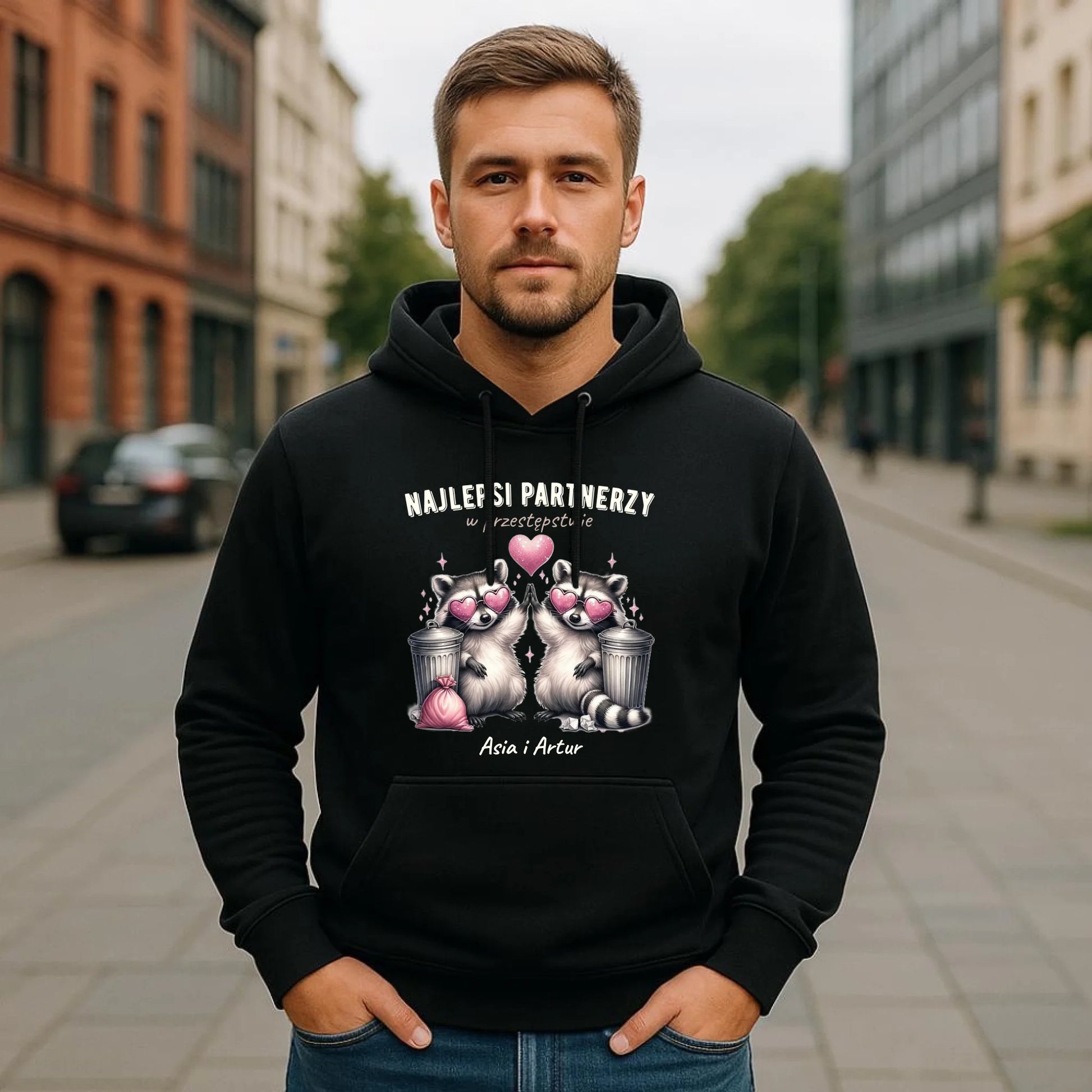 Bluza męska z kapturem dla par - Najlepsi partnerzy w przestępstwie - personalizowana W27 - StoryCups.pl