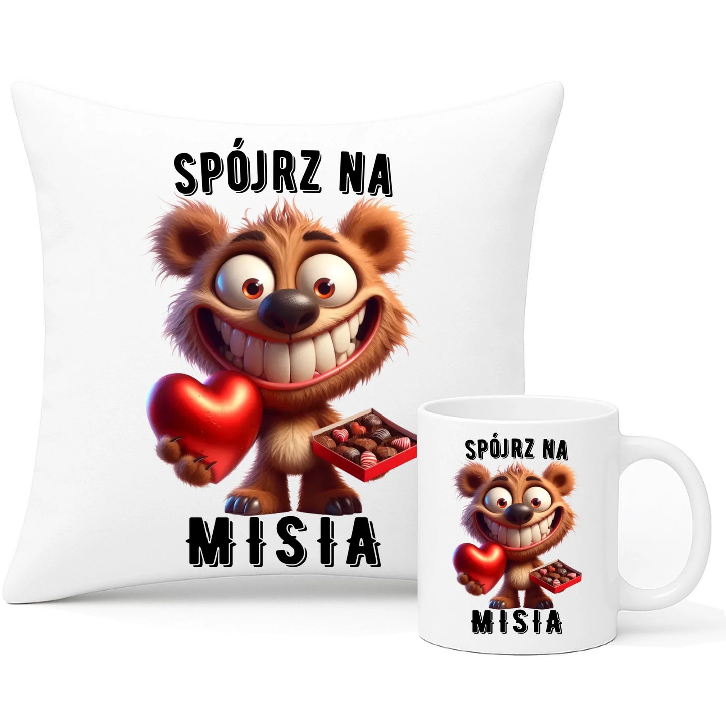 Zestaw poduszka i kubek na Walentynki - Spójrz na Misia W31 - StoryCups.pl