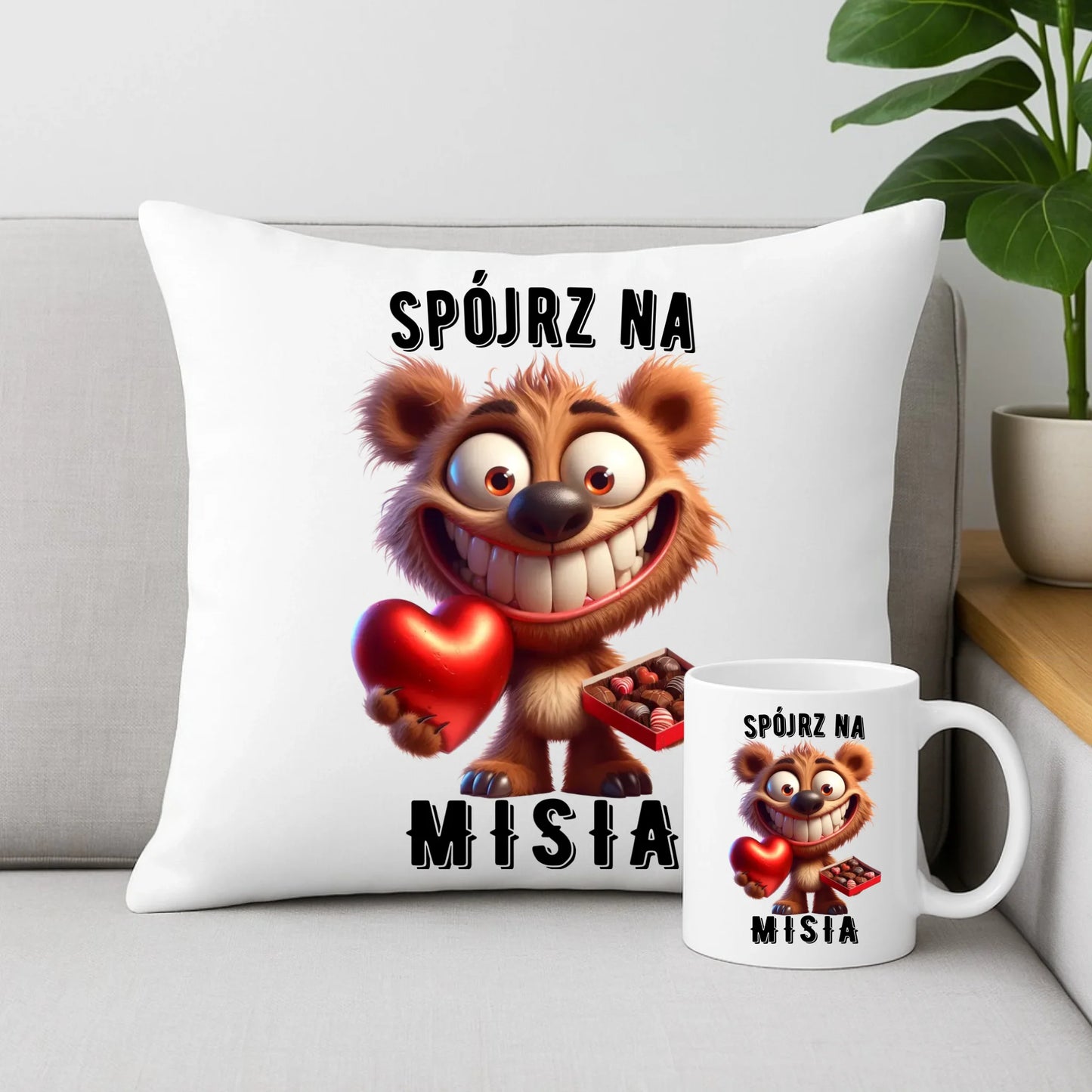 Zestaw poduszka i kubek na Walentynki - Spójrz na Misia W31 - StoryCups.pl