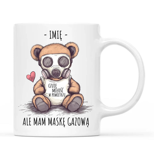 Kubek - Miś w masce gazowej - Czuję miłość w powietrzu - personalizowany W38 - StoryCups.pl