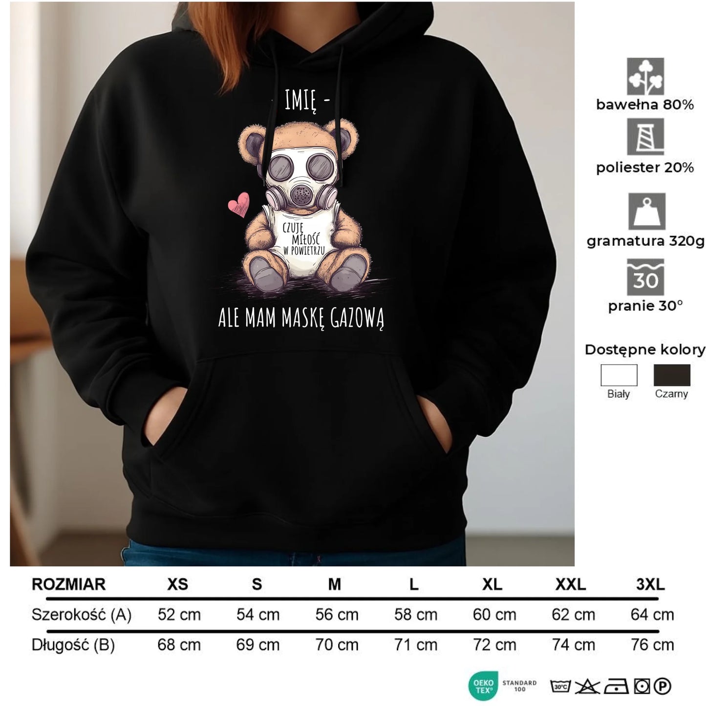 Bluza damska z kapturem - Miś w masce gazowej - Czuję miłość w powietrzu - personalizowana W38 - StoryCups.pl