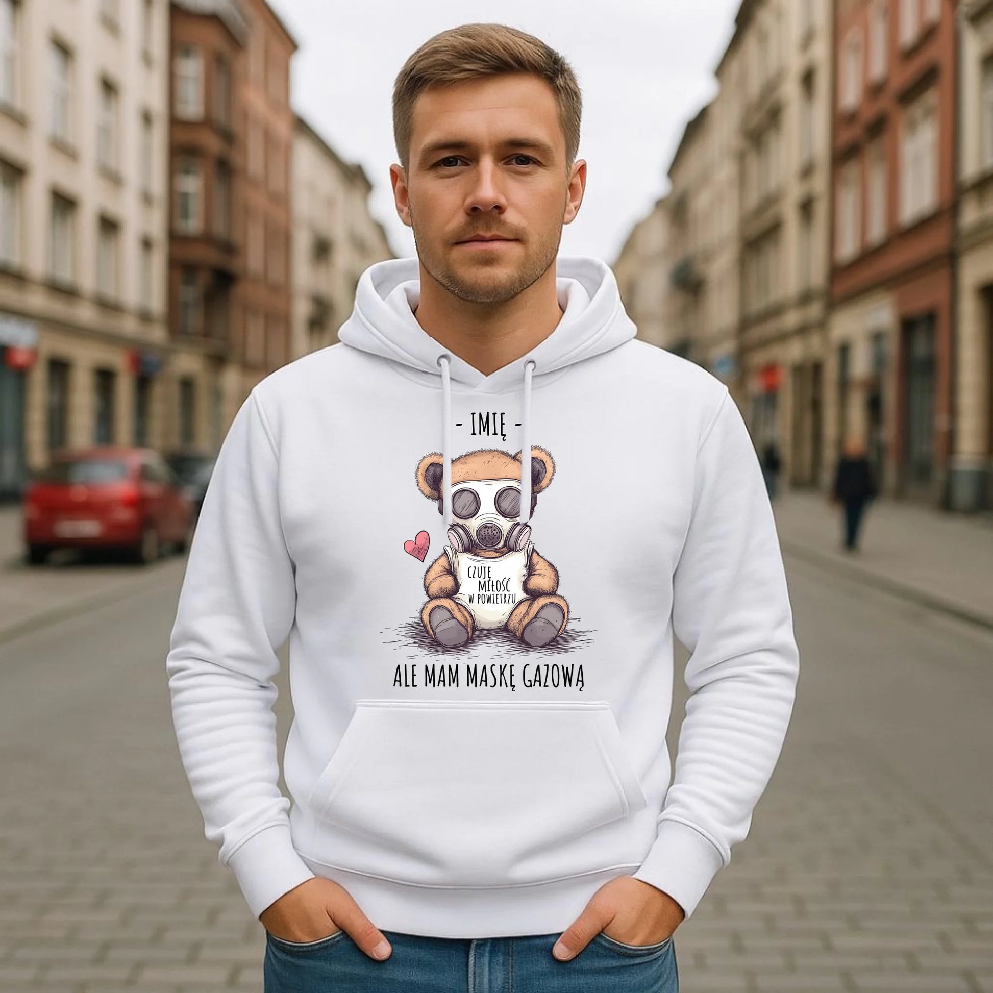 Bluza męska z kapturem - Miś w masce gazowej - Czuję miłość w powietrzu - personalizowana W38 - StoryCups.pl