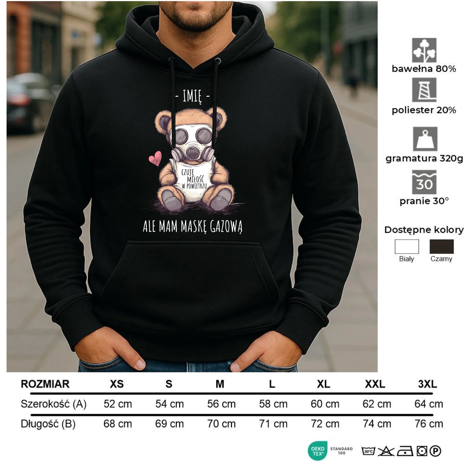 Bluza męska z kapturem - Miś w masce gazowej - Czuję miłość w powietrzu - personalizowana W38 - StoryCups.pl