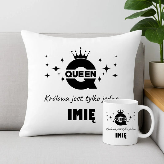 Zestaw poduszka i kubek dla niej - Queen Królowa jest tylko jedna - personalizowany W40 - StoryCups.pl