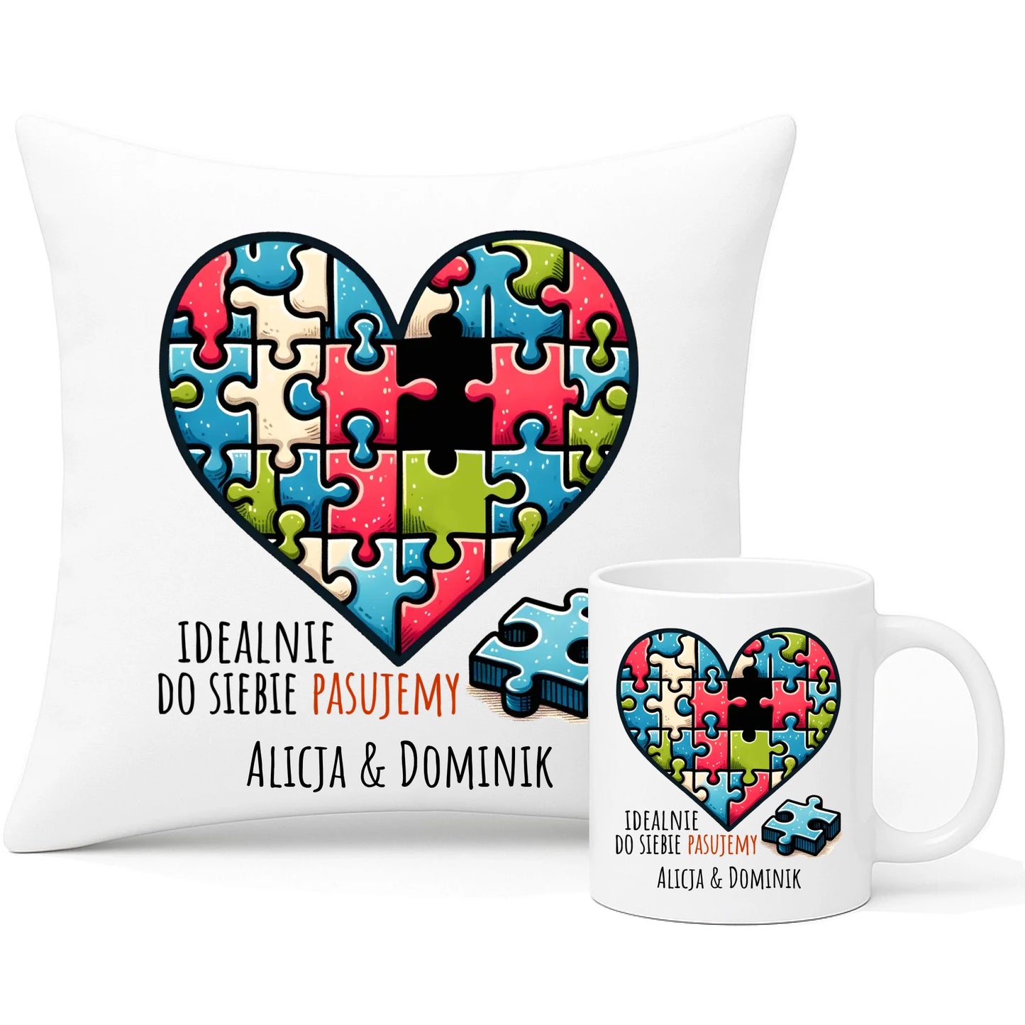 Zestaw poduszka i kubek dla par - Idealnie do siebie pasujemy - personalizowany W44 - StoryCups.pl