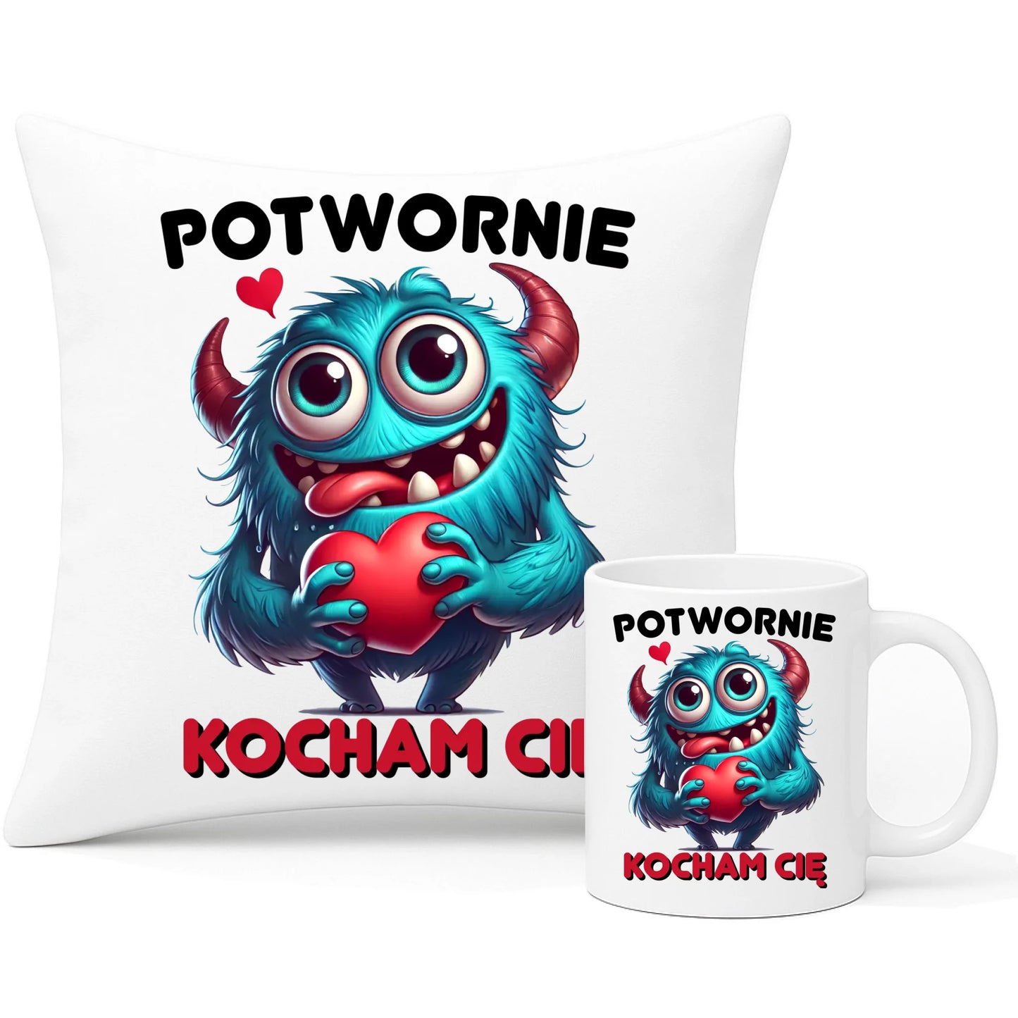Zestaw poduszka i kubek dla par - Potwornie Kocham Cię W45 - StoryCups.pl