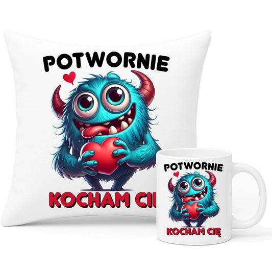 Zestaw poduszka i kubek dla par - Potwornie Kocham Cię W45 - StoryCups.pl