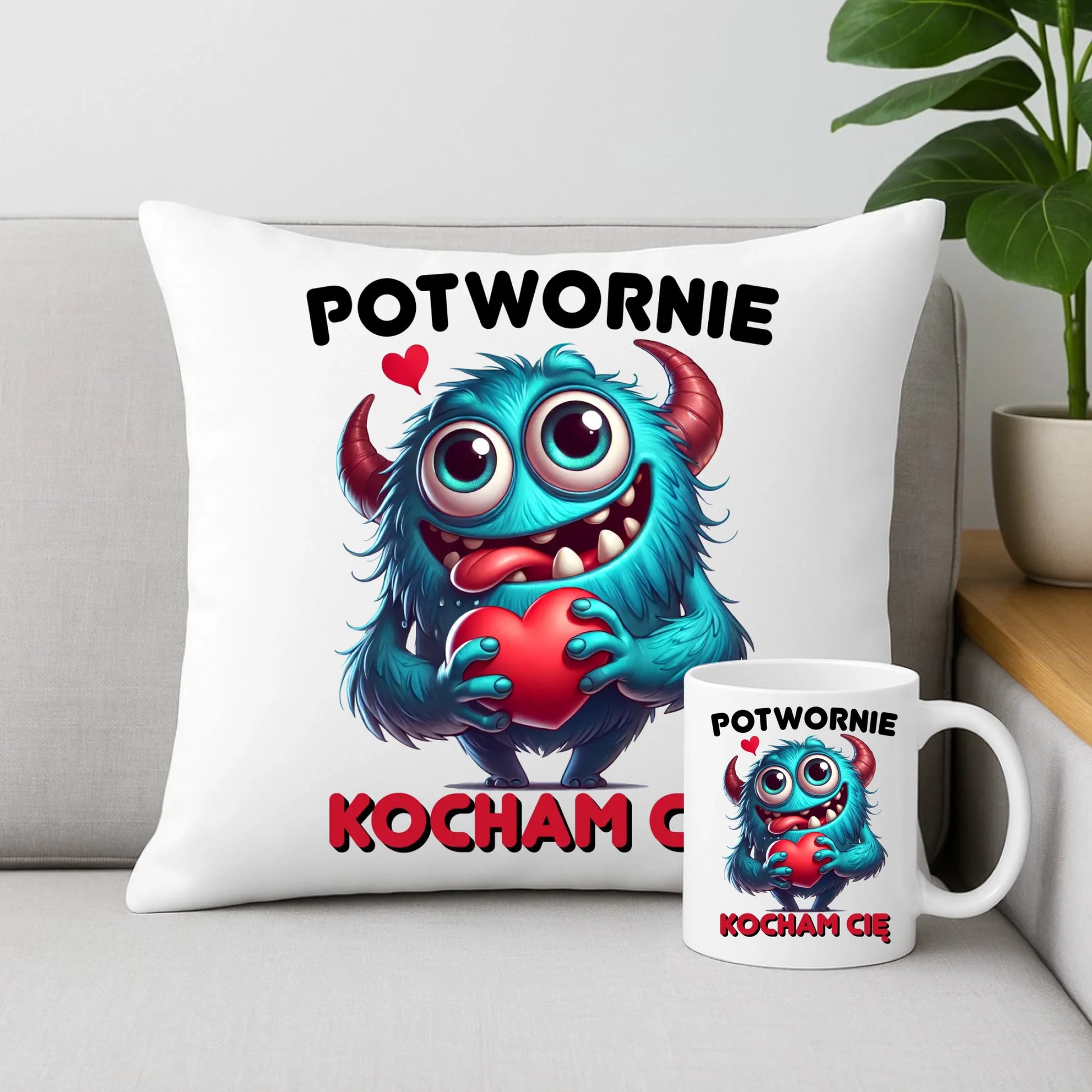 Zestaw poduszka i kubek dla par - Potwornie Kocham Cię W45 - StoryCups.pl