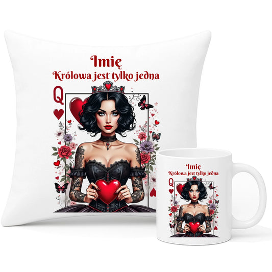 Zestaw poduszka i kubek dla niej - Królowa jest tylko jedna - personalizowany W46 - StoryCups.pl