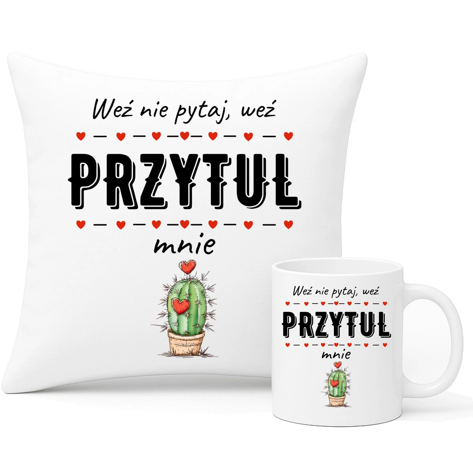 Zestaw poduszka i kubek dla par - Weź nie pytaj, weź przytul mnie W49 - StoryCups.pl
