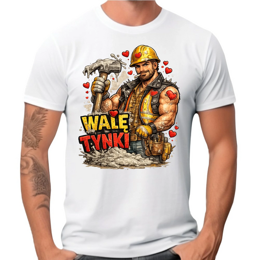 Koszulka męska na Walentynki - Budowlaniec Walę tynki W64 - StoryCups.pl