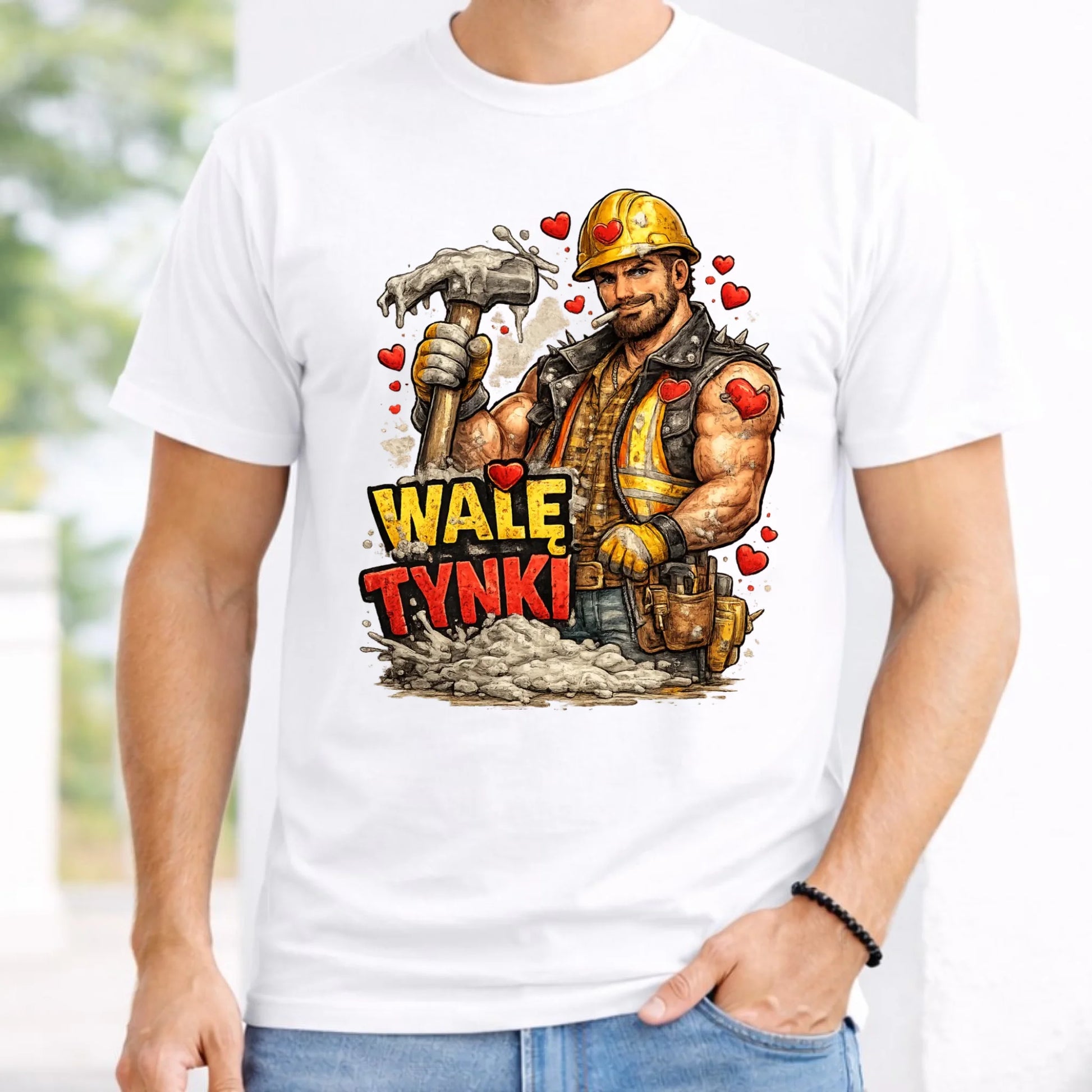 Koszulka męska na Walentynki - Budowlaniec Walę tynki W64 - StoryCups.pl