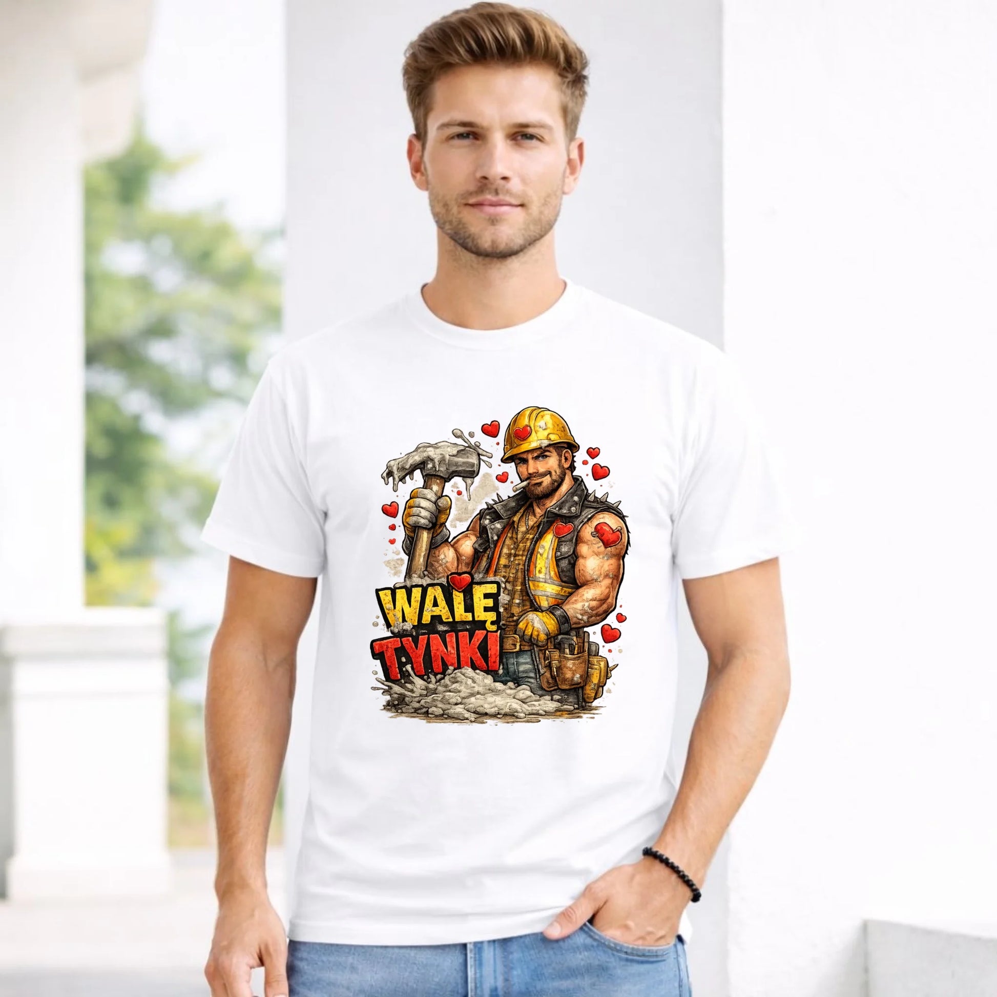 Koszulka męska na Walentynki - Budowlaniec Walę tynki W64 - StoryCups.pl