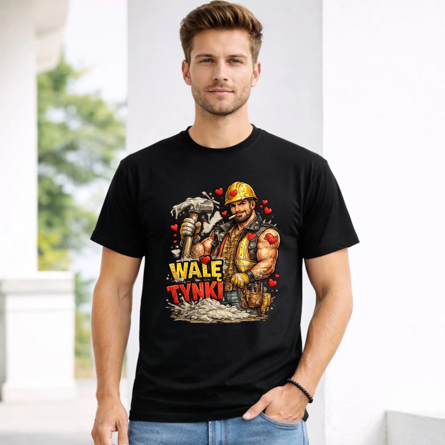 Koszulka męska na Walentynki - Budowlaniec Walę tynki W64 - StoryCups.pl