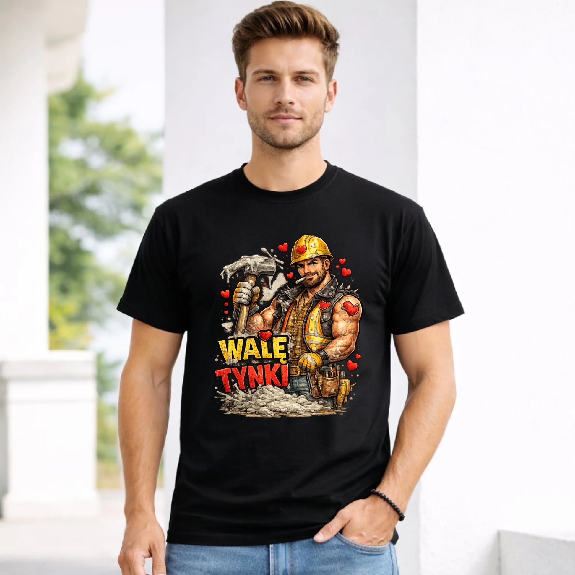 Koszulka męska na Walentynki - Budowlaniec Walę tynki W64 - StoryCups.pl