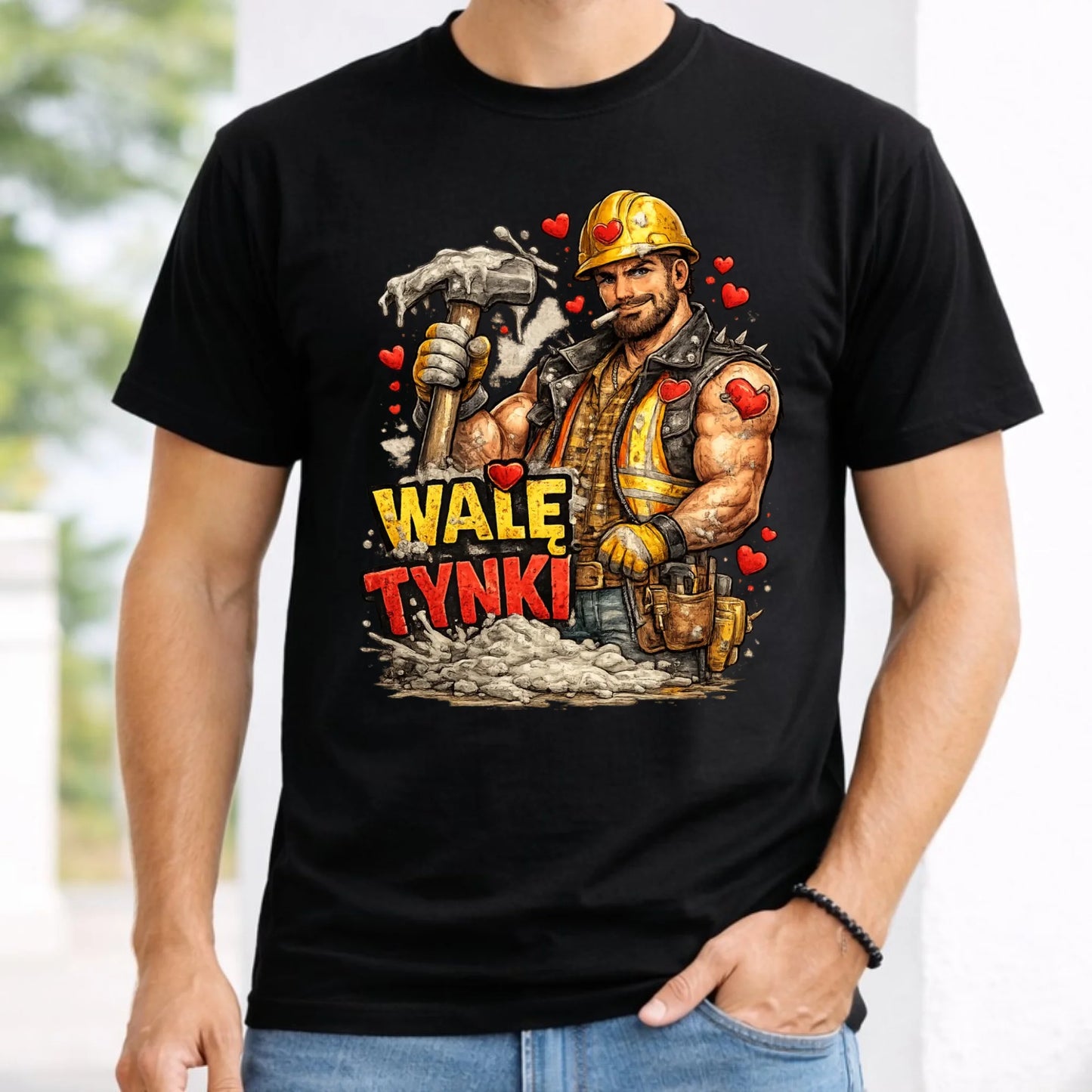 Koszulka męska na Walentynki - Budowlaniec Walę tynki W64 - StoryCups.pl