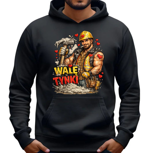 Bluza męska z kapturem na Walentynki - Budowlaniec Walę tynki W64 - StoryCups.pl