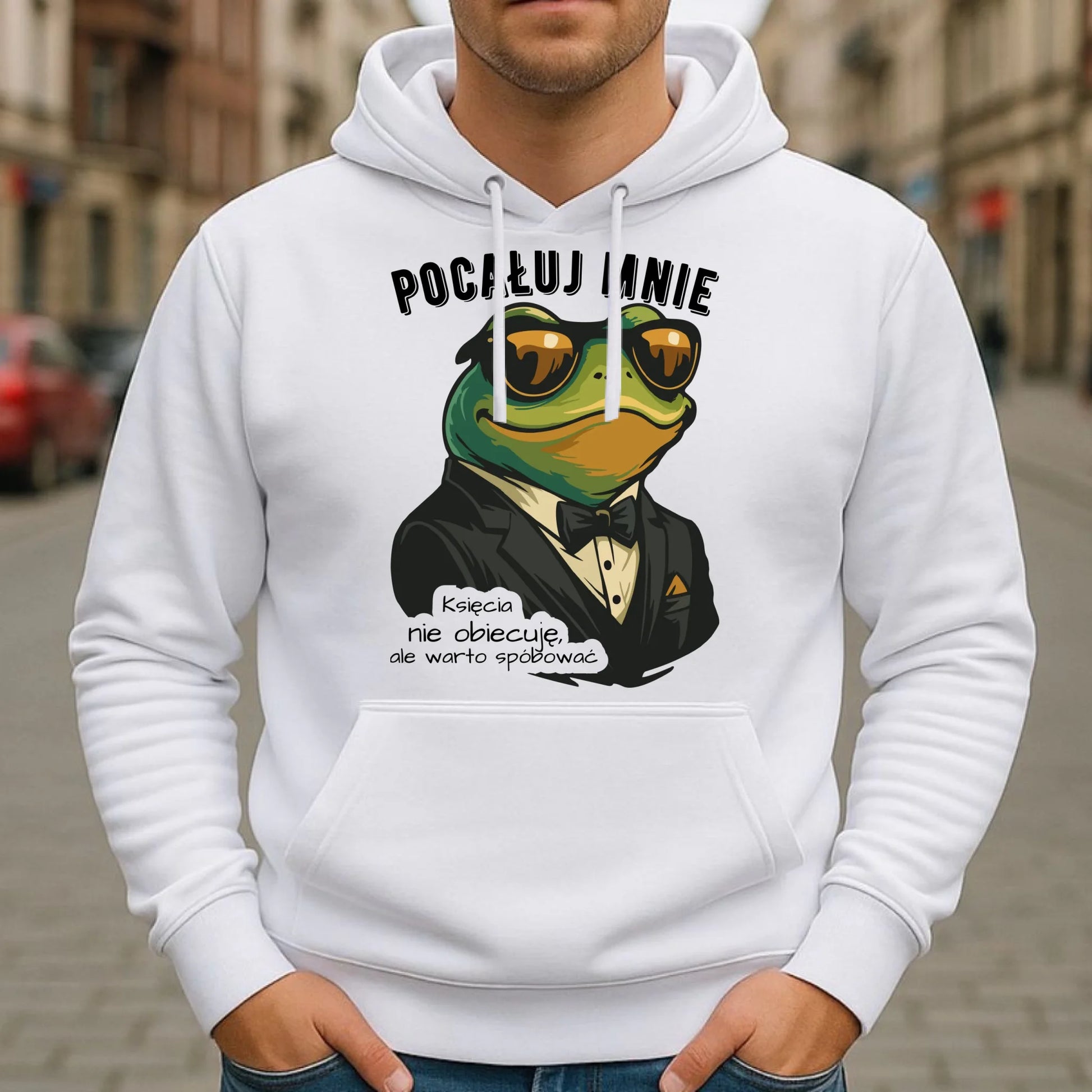Bluza męska z kapturem - Żaba w garniturze pocałuj mnie W55 - StoryCups.pl